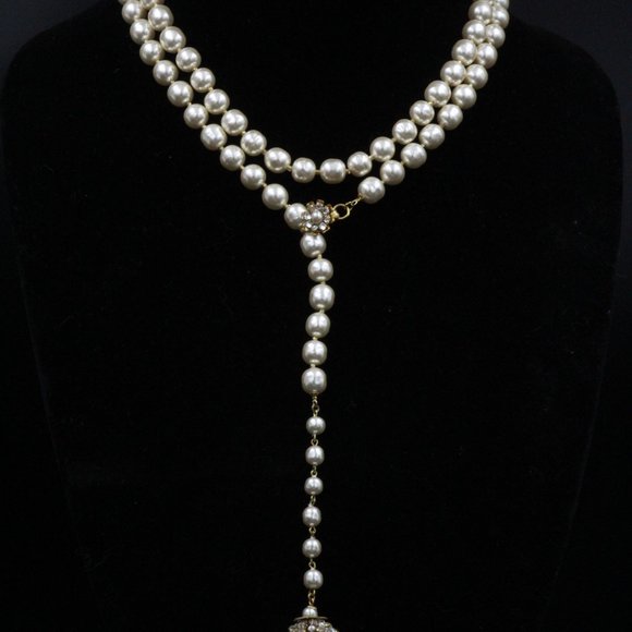 MIRIAM HASKELL COUTURE BAROQUE PEARL RHINESTONES MINT LARIAT NECKLACE - Picture 8 of 14